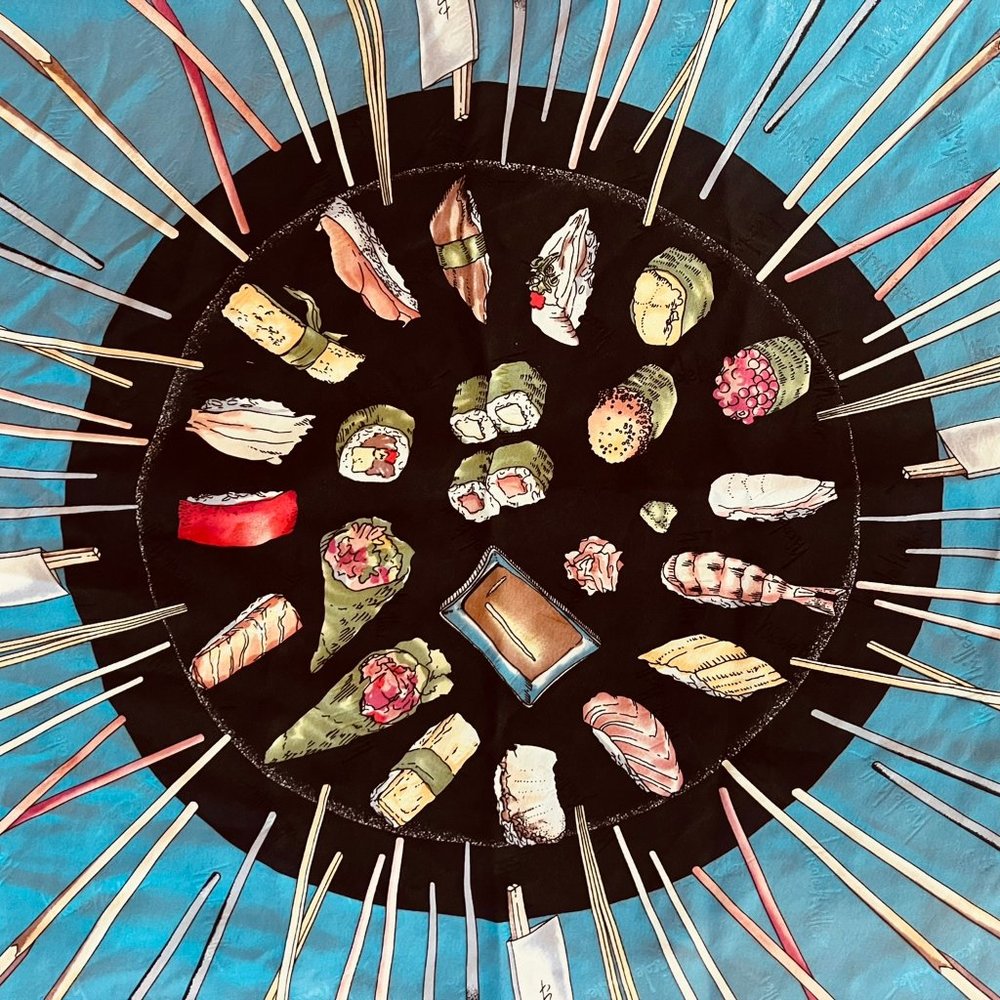 RARE Nicole Miller Silk Scarf Japanese Sushi Chopstick